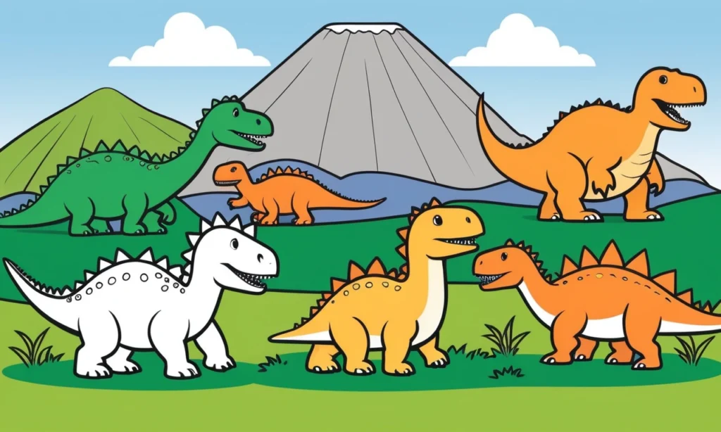 Colorful cartoon illustration of dinosaurs for a kids' dinosaur coloring book blog post