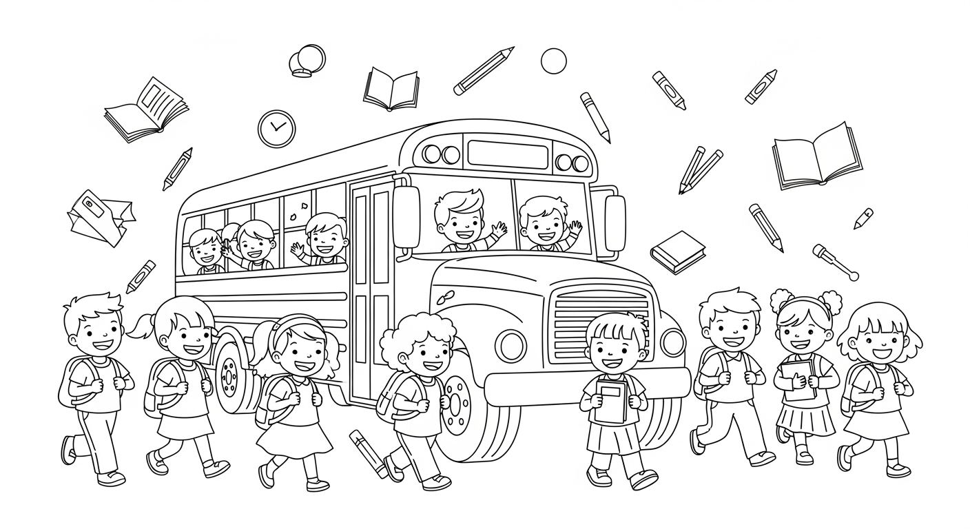 MK One Line Art kids with backpacks, pencils, books, and school bus – Back to School coloring page