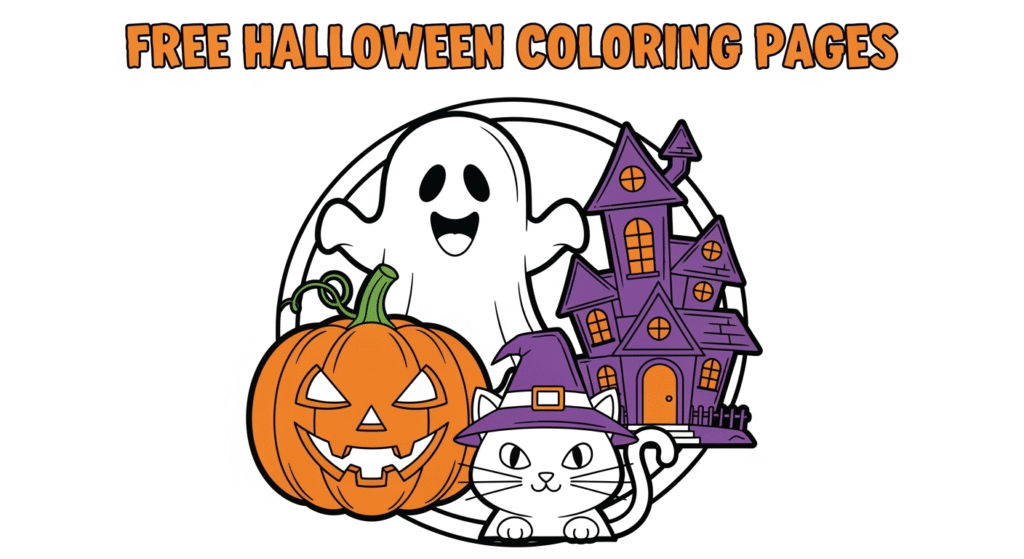 Friendly Halloween coloring page featuring pumpkin, ghost, black cat, and haunted house