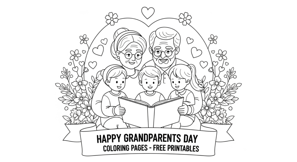 Grandparents Day coloring pages featured illustration with grandparents and kids in line art style.