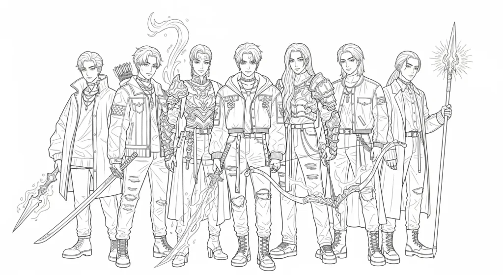 Featured image showing a group of Kpop Demon Hunters in Mk One Line Art style, perfect for coloring pages