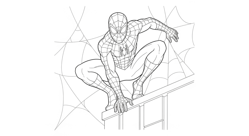 MK One Line Art superhero crouching on skyscraper with web background – Spiderman coloring page